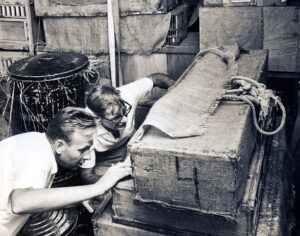 Paul Bresse & Associate Director National Zoo Lear Grimmer inspect  animal crates, 1963
